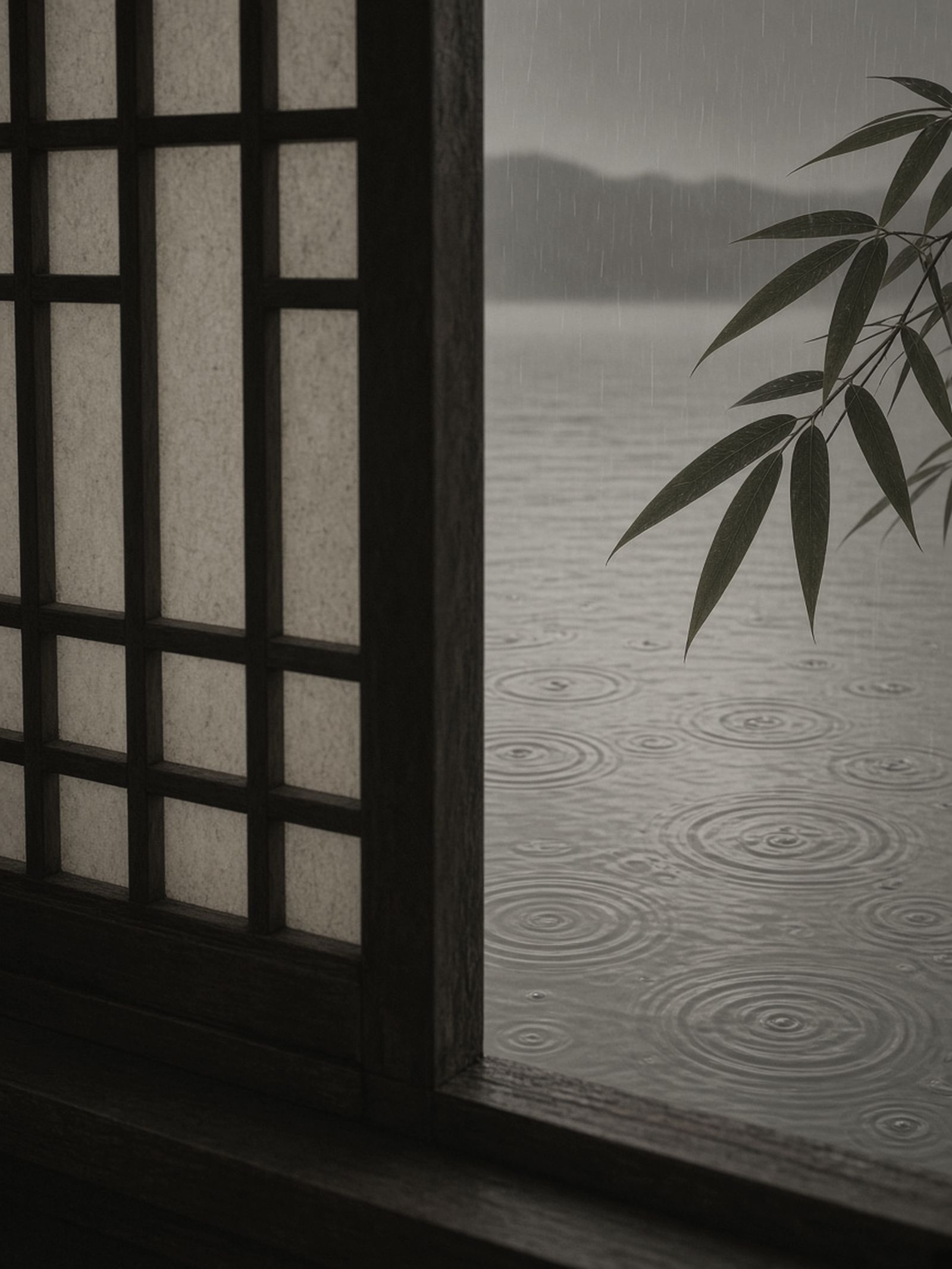 雨落湖面，木格窗边一枝竹叶