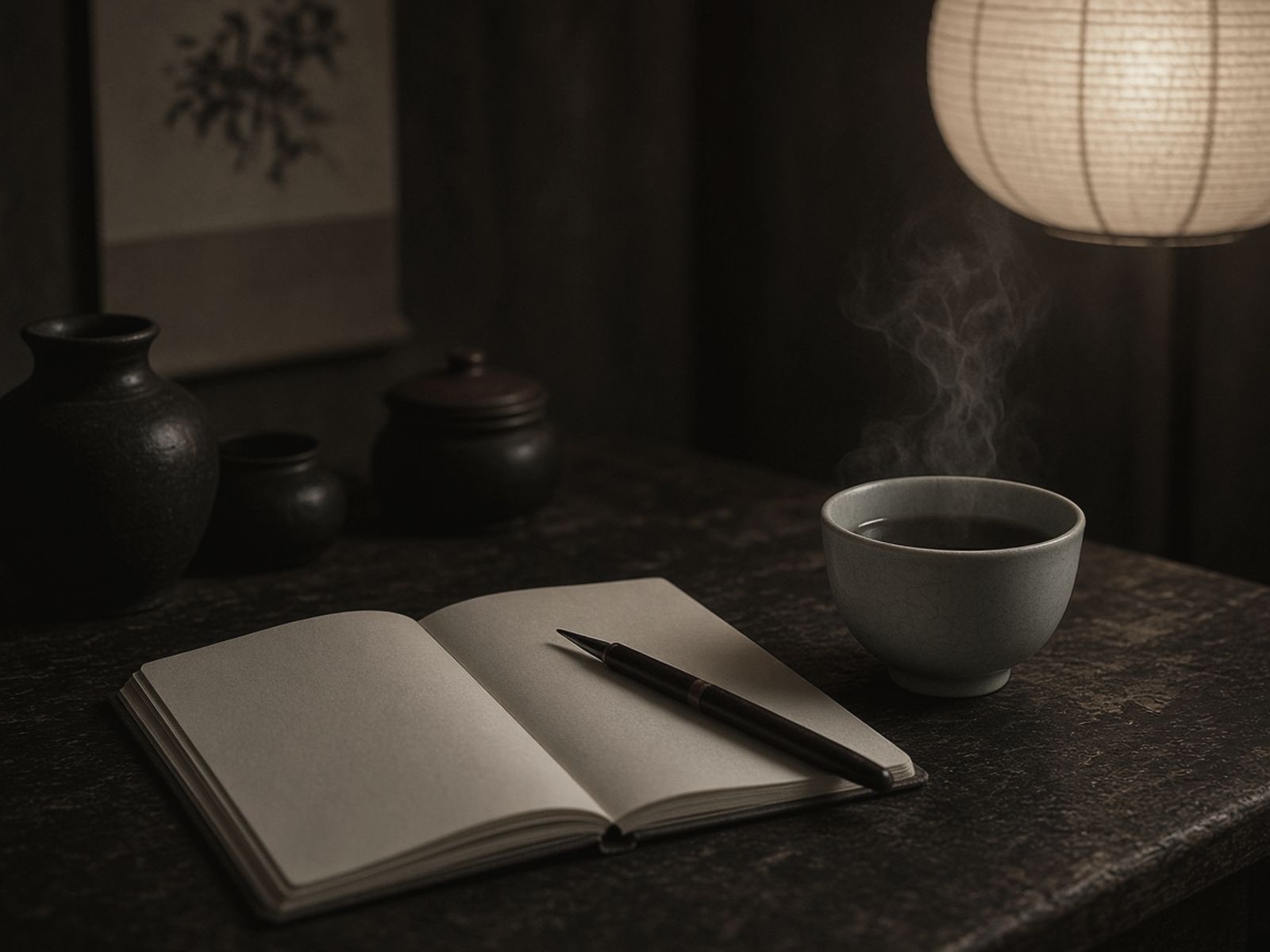 灯下的茶案与空白笔记本